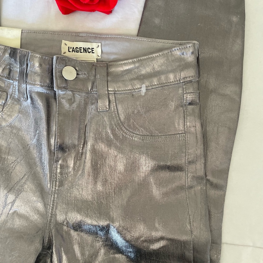 NWOT L’AGENCE Margot high rise crackled foil metallic denim - Picture 8 of 16
